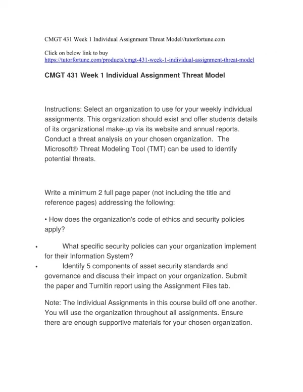 CMGT 431 Week 1 Individual Assignment Threat Model//tutorfortune.com