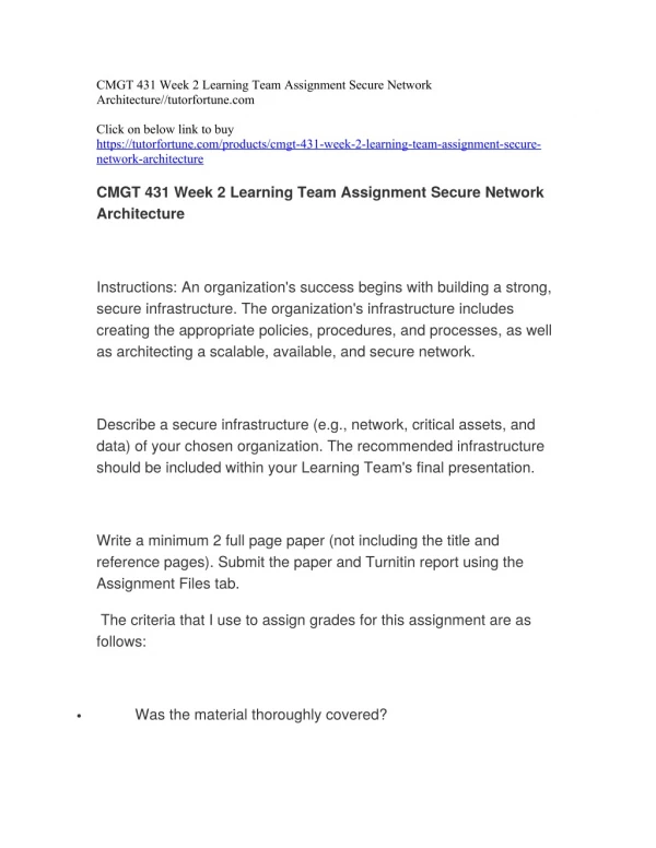 CMGT 431 Week 2 Learning Team Assignment Secure Network Architecture//tutorfortune.com