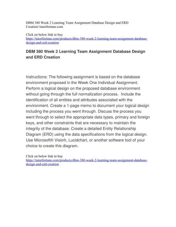 DBM 380 Week 2 Learning Team Assignment Database Design and ERD Creation//tutorfortune.com