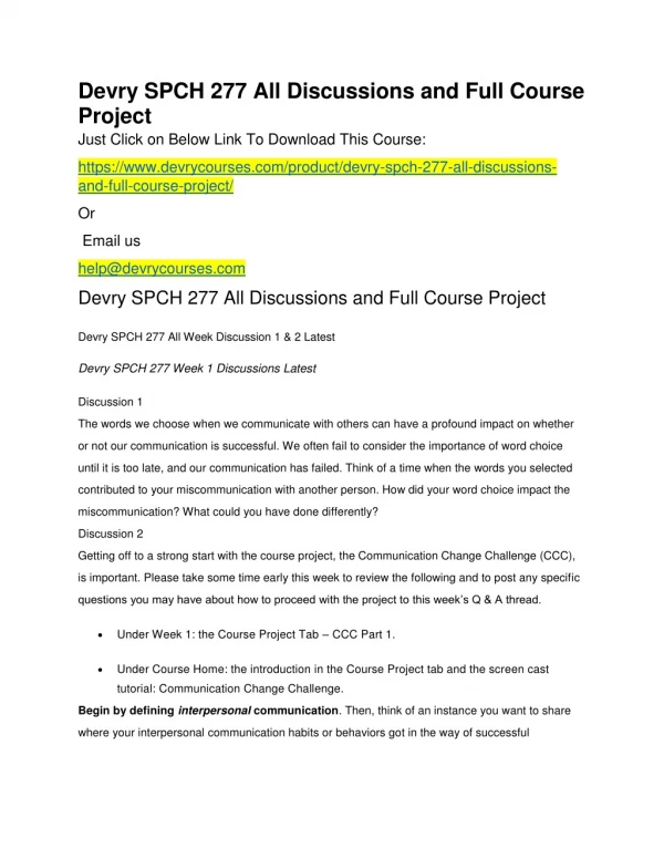 Devry SPCH 277 All Discussions and Full Course Project