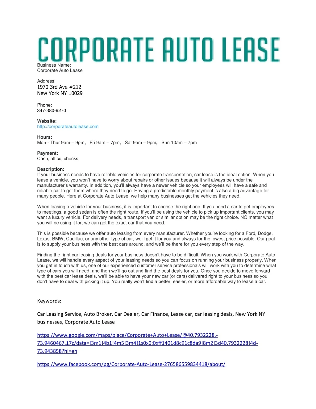 business name corporate auto lease address 1970