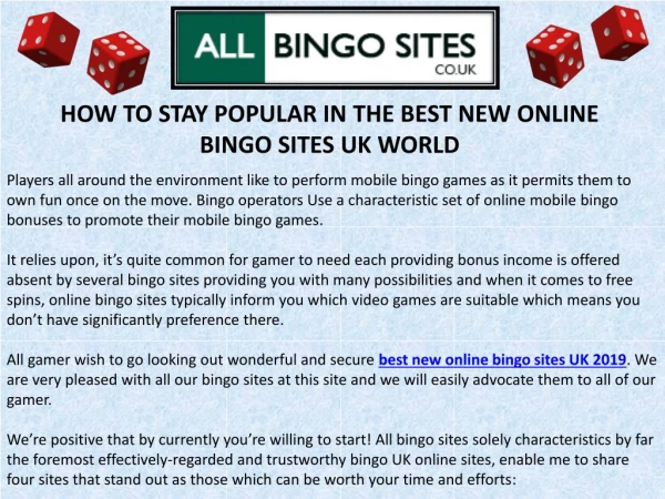 HOW TO STAY POPULAR IN THE BEST NEW ONLINE BINGO SITES UK WORLD