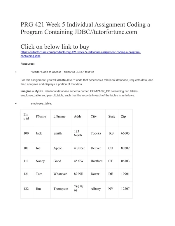 PRG 421 Week 5 Individual Assignment Coding a Program Containing JDBC//tutorfortune.com