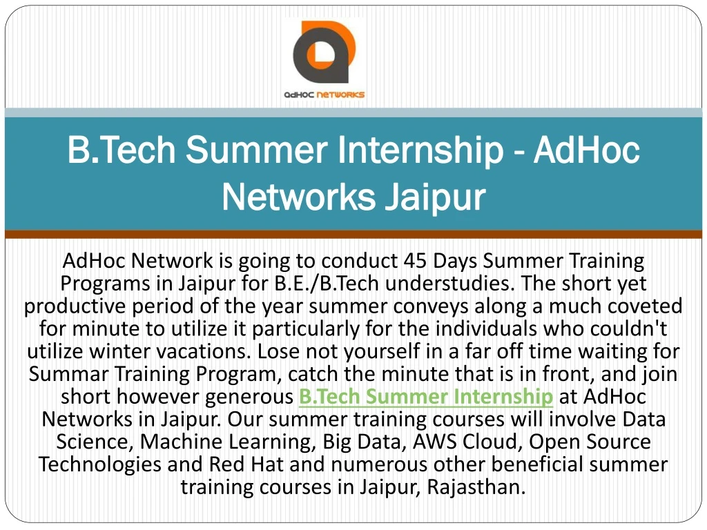b tech summer internship adhoc networks jaipur