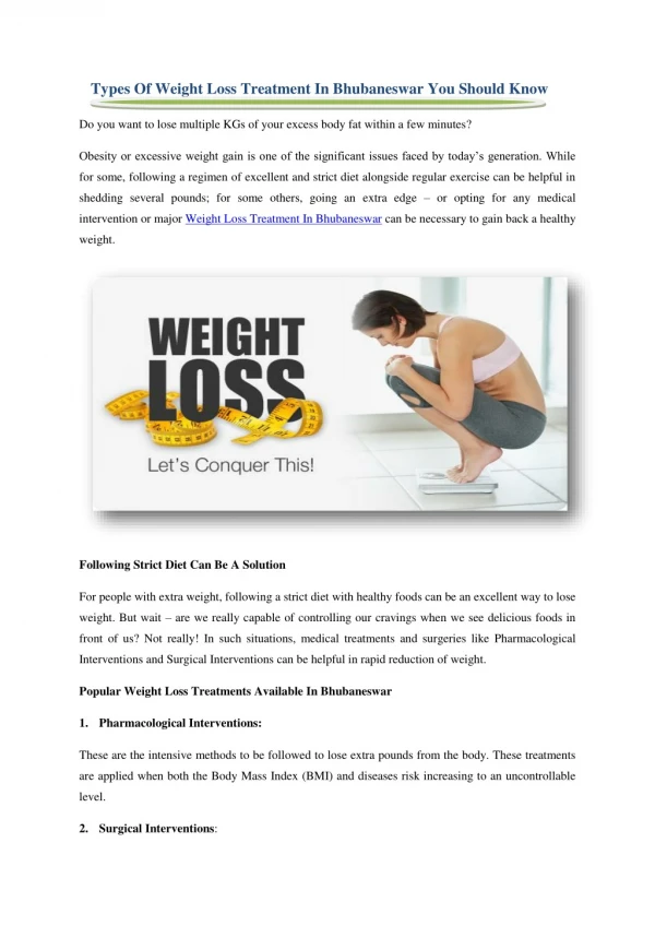 Types Of Weight Loss Treatment In Bhubaneswar You Should Know