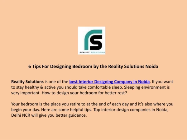 6 Tips For Designing Bedroom by the Reality Solutions Noida