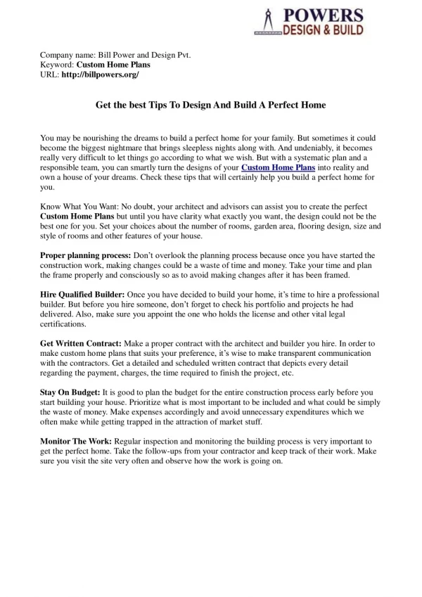 Get the best Tips To Design And Build A Perfect Home