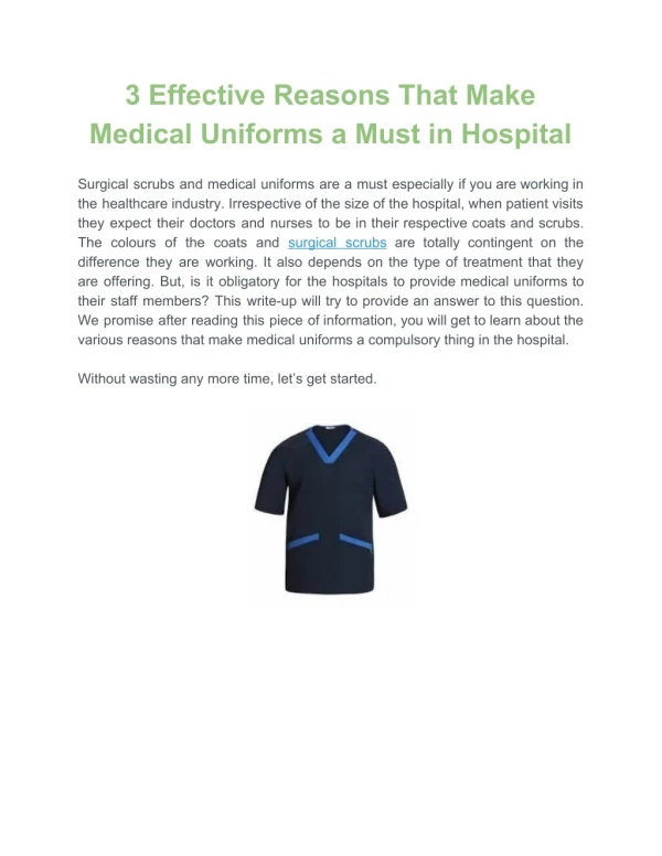 3 Effective Reasons That Make Medical Uniforms a Must in Hospital