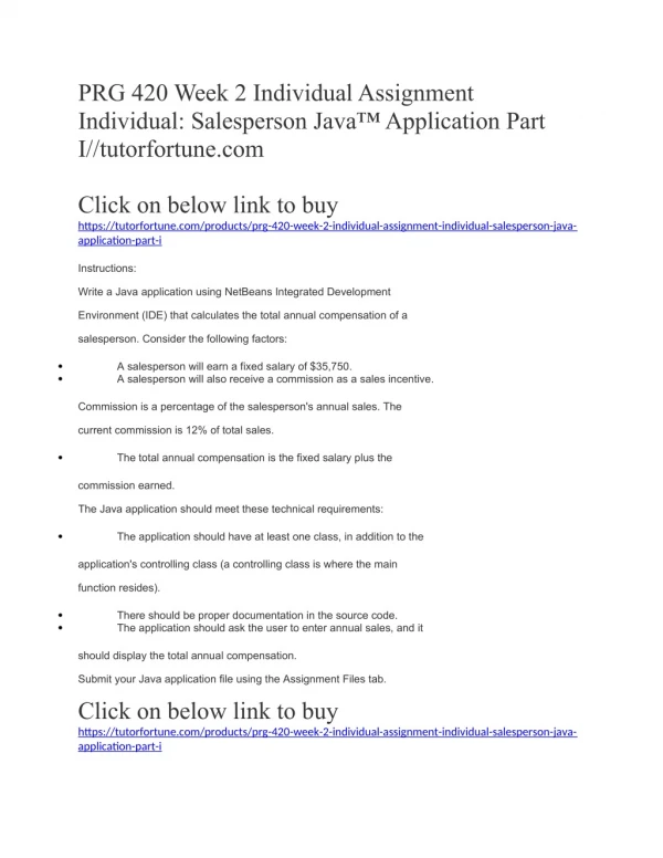 PRG 420 Week 2 Individual Assignment Individual: Salesperson Java™ Application Part I//tutorfortune.com
