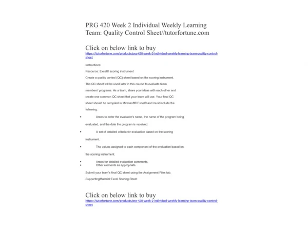 PRG 420 Week 2 Individual Weekly Learning Team: Quality Control Sheet//tutorfortune.com