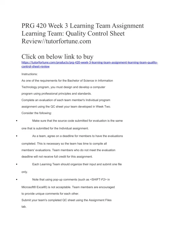 PRG 420 Week 3 Learning Team Assignment Learning Team: Quality Control Sheet Review//tutorfortune.com