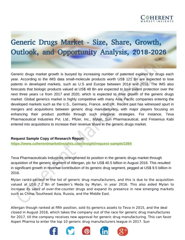 Generic Drugs Market: Business Opportunities, Current Trends, Market Forecast and Global Industry Analysis by 2026