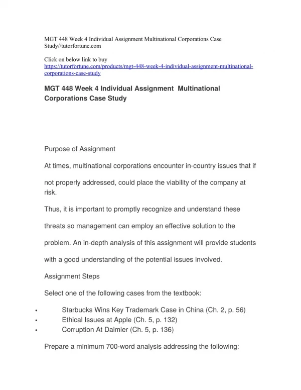 MGT 448 Week 4 Individual Assignment Multinational Corporations Case Study//tutorfortune.com