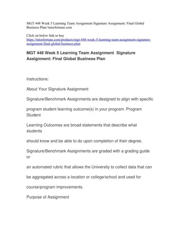 MGT 448 Week 5 Learning Team Assignment Signature Assignment: Final Global Business Plan//tutorfortune.com