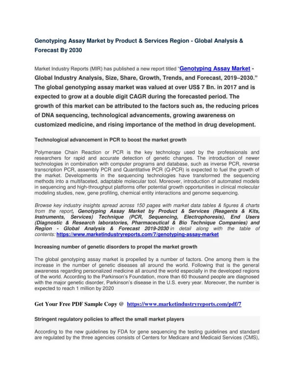 Genotyping Assay Market evaluation with focus on development trends 2019