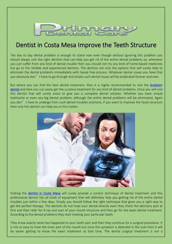 Dentist in Costa Mesa Improve the Teeth Structure