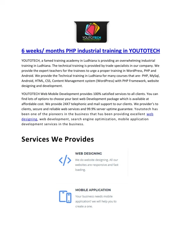 6 weeks/ months PHP industrial training in YOUTOTECH WEB MOBILE DEVELOPMENT