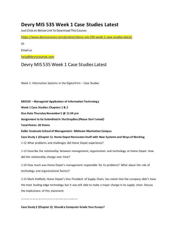 Devry MIS 535 Week 1 Case Studies Latest