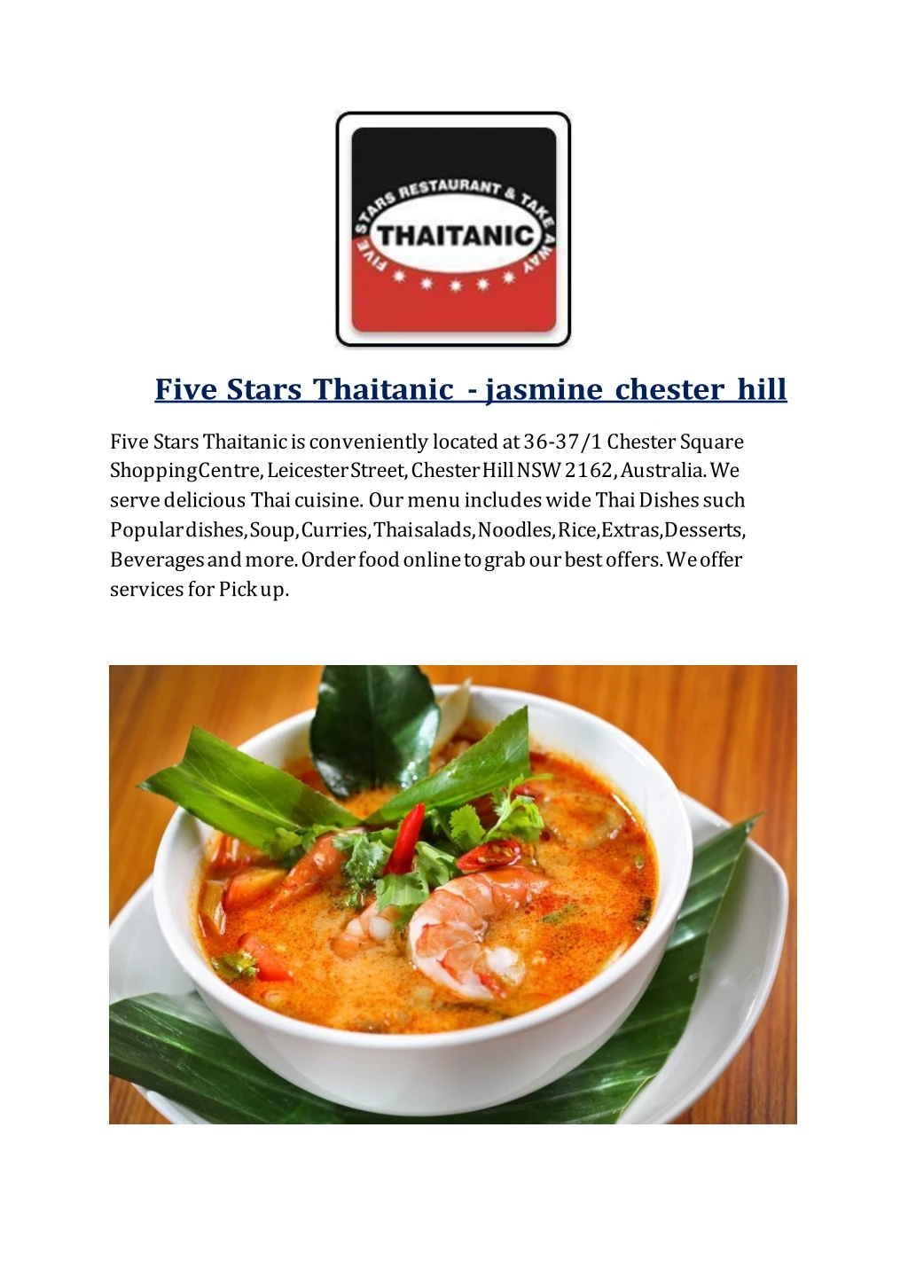 five stars thaitanic jasmine chester hill