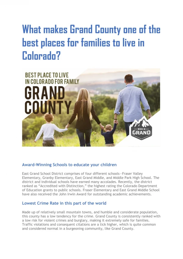 What makes Grand County one of the best places for families to live in Colorado?
