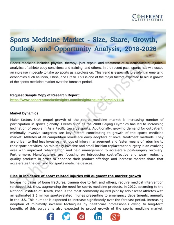 Sports Medicine Market Will Boost Developments in Global Industry by 2018-2026