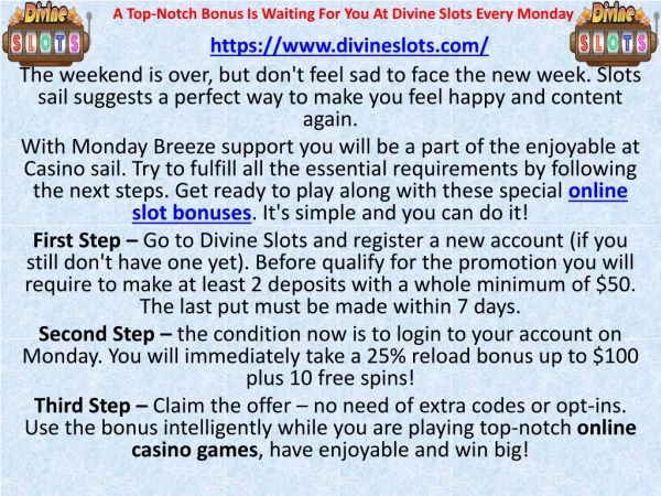 A Top-Notch Bonus Is Waiting For You At Divine Slots Every Monday