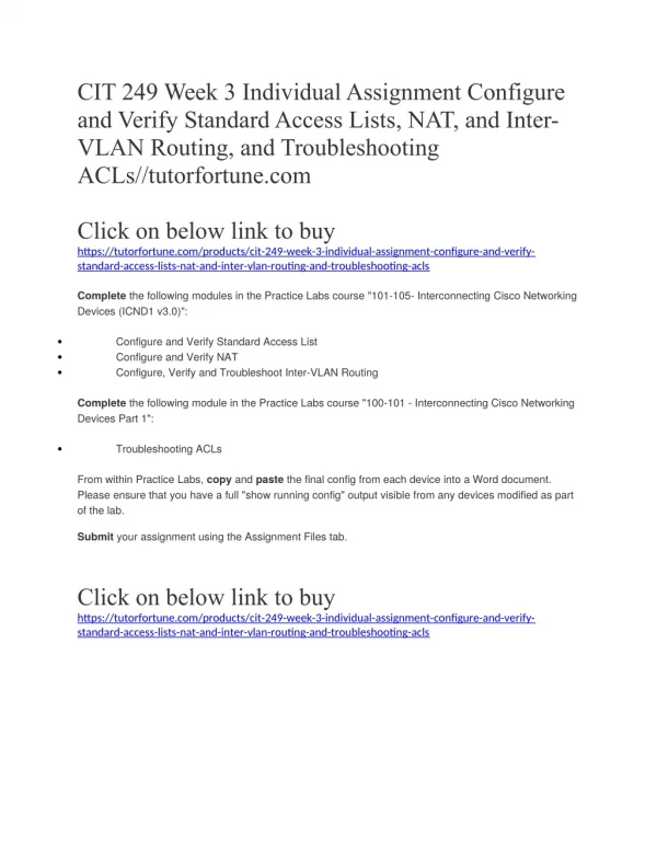 CIT 249 Week 3 Individual Assignment Configure and Verify Standard Access Lists, NAT, and Inter-VLAN Routing, and Troubl