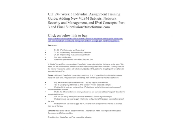 CIT 249 Week 5 Individual Assignment Training Guide: Adding New VLSM Subnets, Network Security and Management, and IPv6