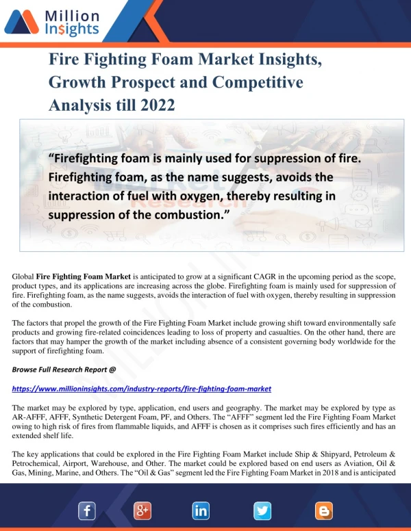 Fire Fighting Foam Market Insights, Growth Prospect and Competitive Analysis till 2022