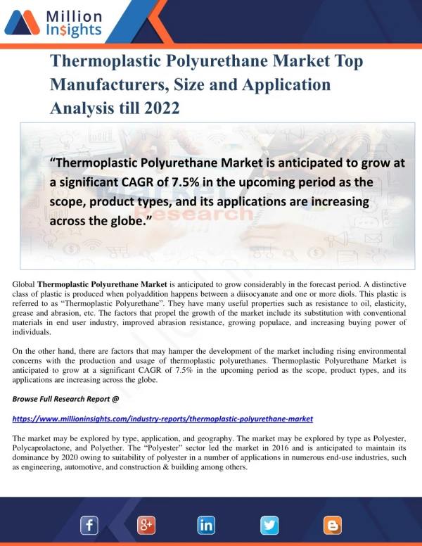 Thermoplastic Polyurethane Market Top Manufacturers, Size and Application Analysis till 2022