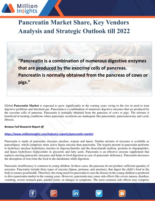 Pancreatin Market Share, Key Vendors Analysis and Strategic Outlook till 2022