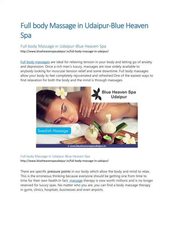 Full body Massage in Udaipur-Blue Heaven Spa