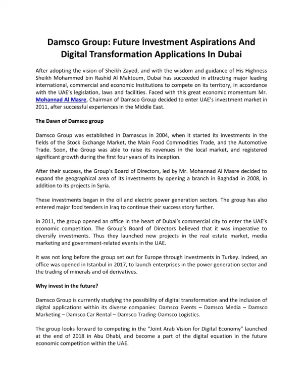 Damsco Group: Future Investment Aspirations and Digital Transformation Applications in Dubai