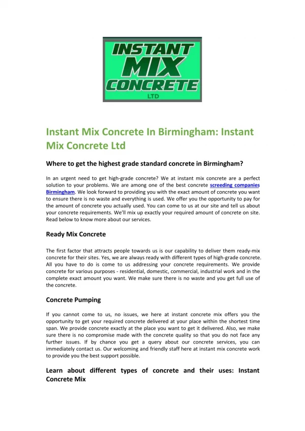 Instant Mix Concrete In Birmingham: Instant Mix Concrete Ltd