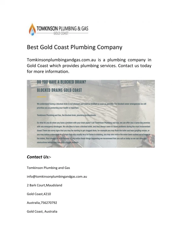 Best Gold Coast Plumbing Services | Tomkinsonplumbingandgas.com.au