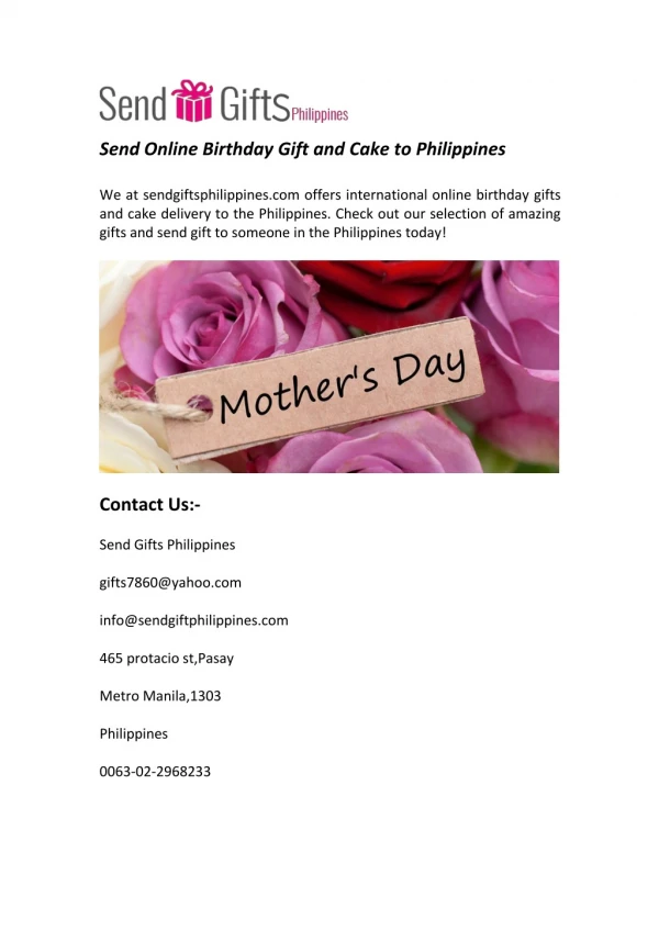 Send Online Birthday Gift and Cake to Philippines