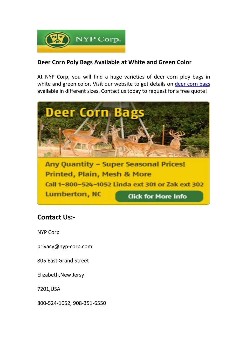 deer corn poly bags available at white and green