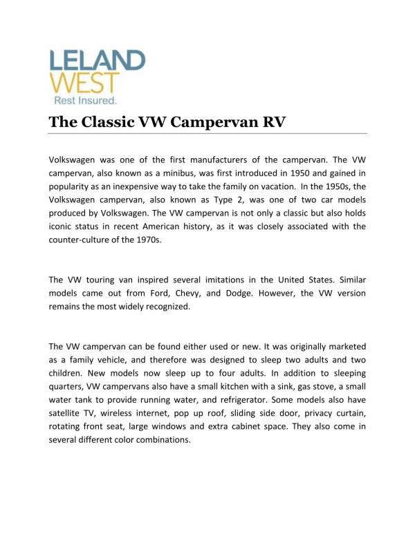 The Classic VW Campervan RV