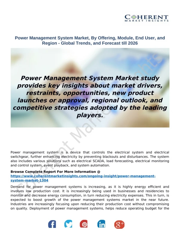 Power Management System Market, By Offering, Module, End User, and Region - Global Trends, and Forecast till 2026