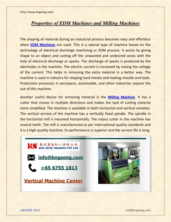 Properties of EDM Machines and Milling Machines