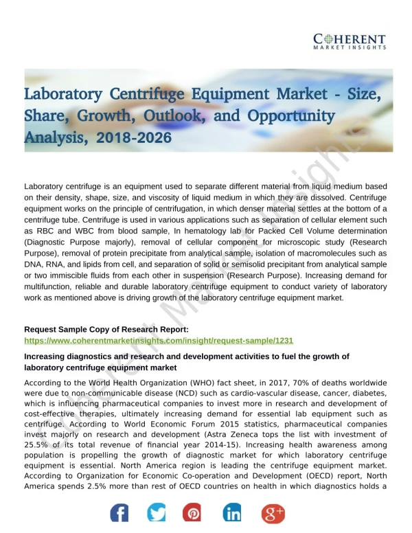 Laboratory Centrifuge Equipment Market Size Will Escalate Rapidly in the Near Future