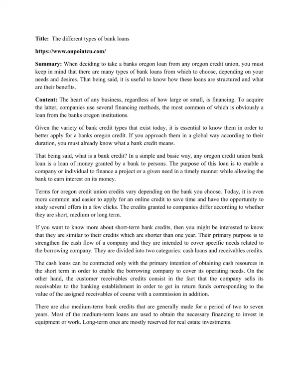 title the different types of bank loans