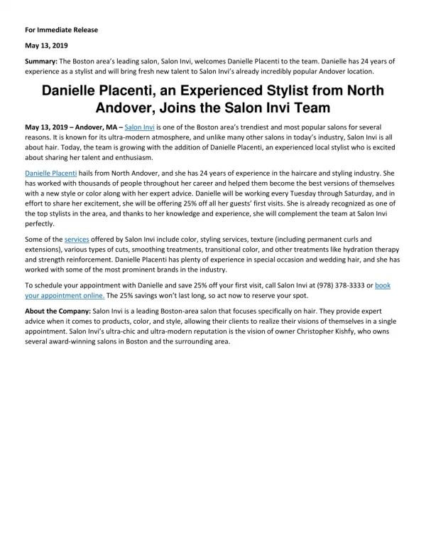 Danielle Placenti, an Experienced Stylist from North Andover, Joins the Salon Invi Team