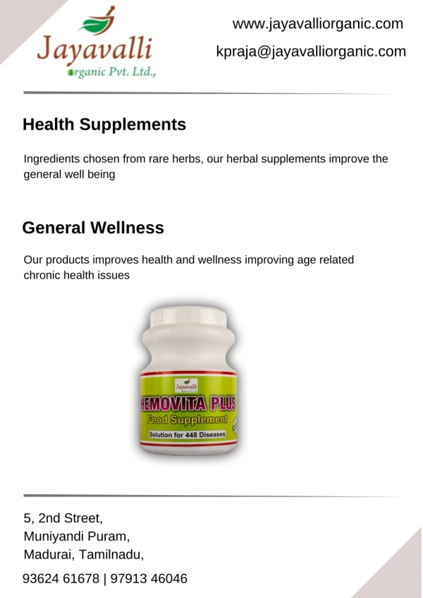Food supplements for health and Wellness in madurai - Jayavalli organic
