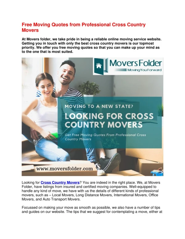 Free Moving Quotes from Professional Cross Country Movers