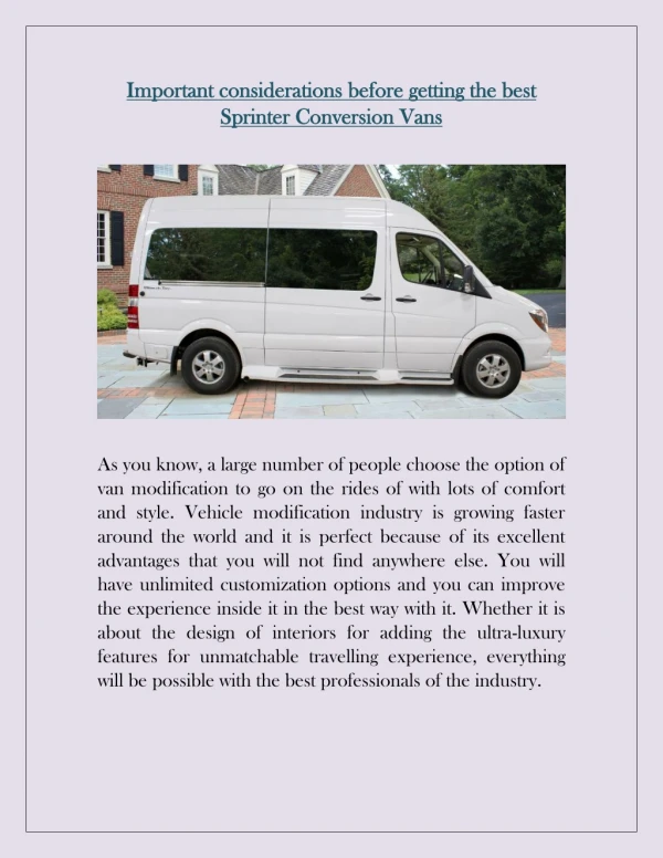 Important considerations before getting the best Sprinter Conversion Vans