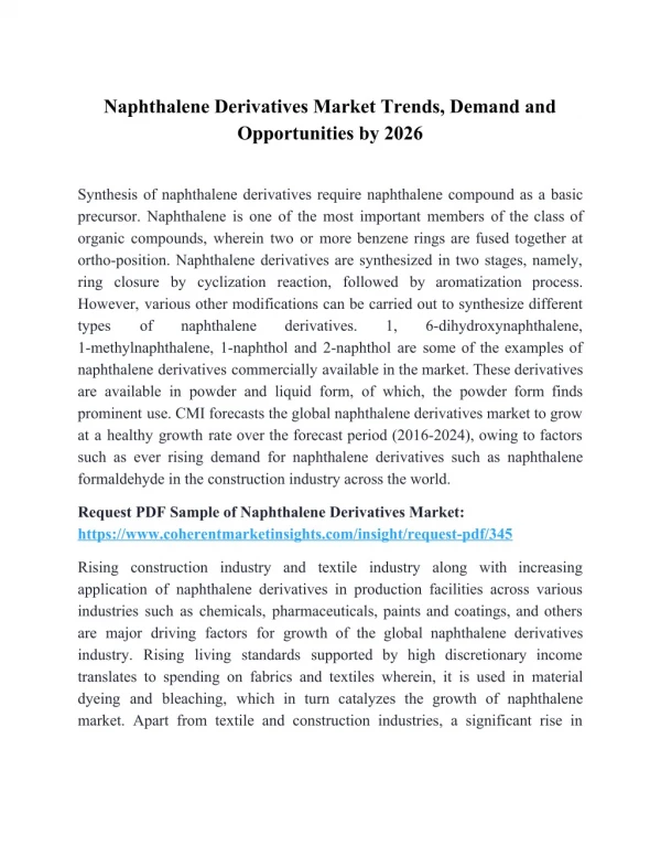 Naphthalene Derivatives Market Trends, Demand and Opportunities by 2026