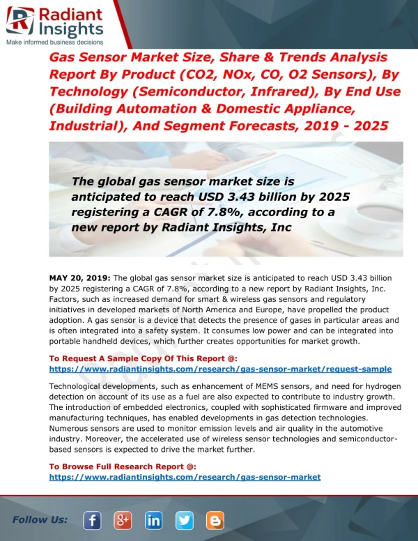 Global Gas Sensor Market Size, Shares, Regions, Trends, History, Key Players & Forecast 2019 to 2025