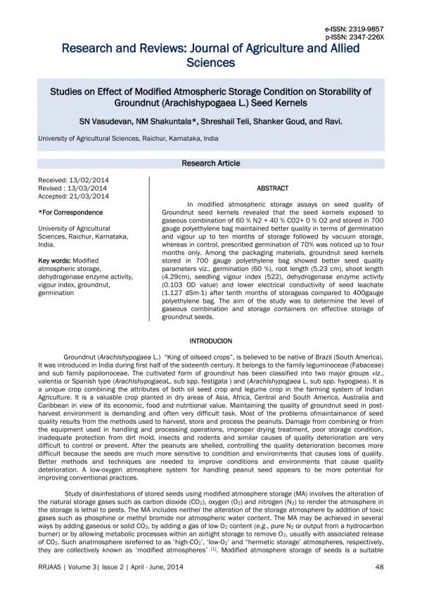 Studies on Effect of Modified Atmospheric Storage Condition on Storability of Groundnut (Arachishypogaea L.) Seed Kernel