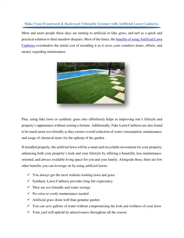 Make Your Frontward & Backward Vibrantly Greener with Artificial Lawn Canberra